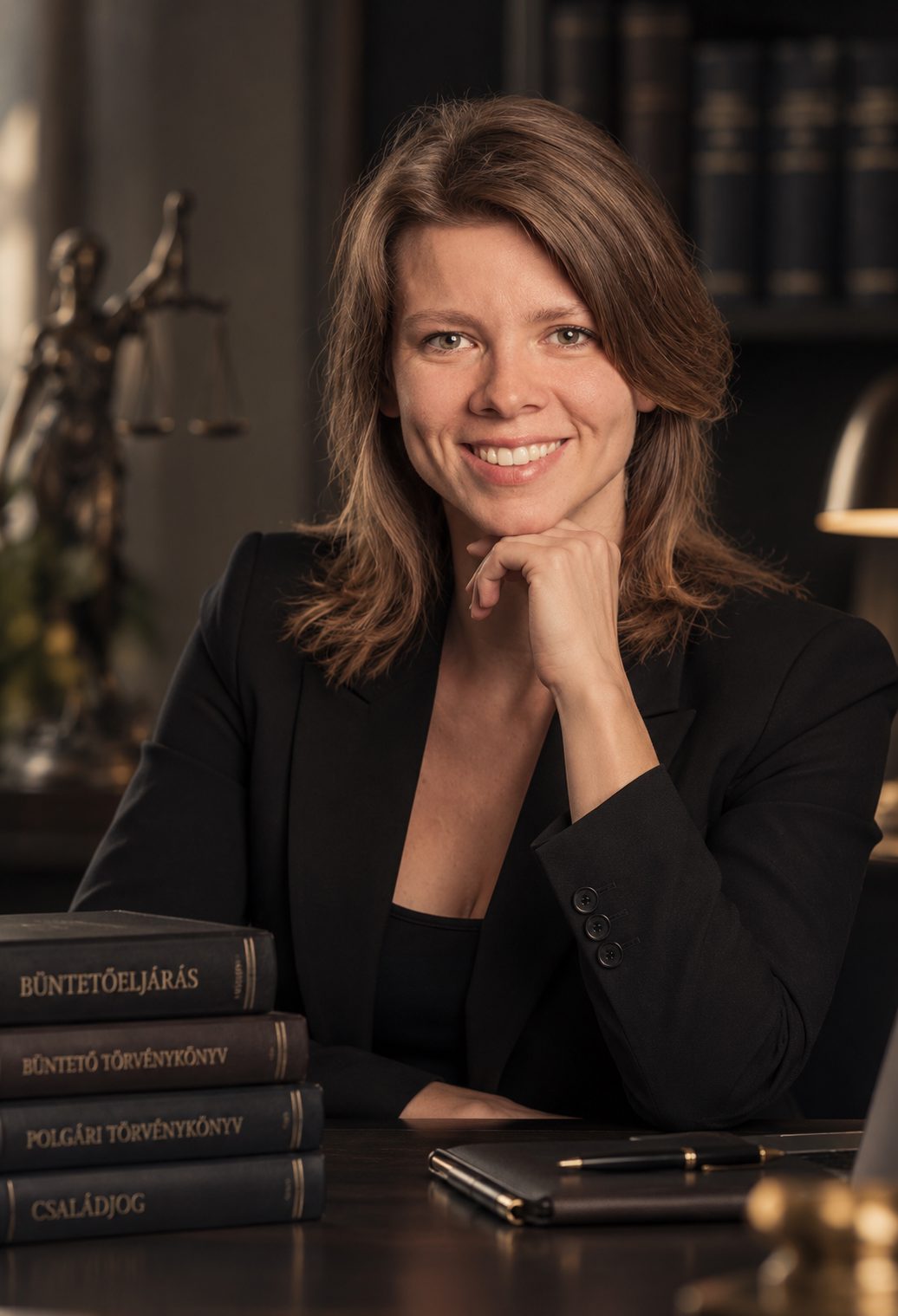 Dr. Patkoló-Papp Petra ügyvéd irodájában, jogi könyvek mellett
